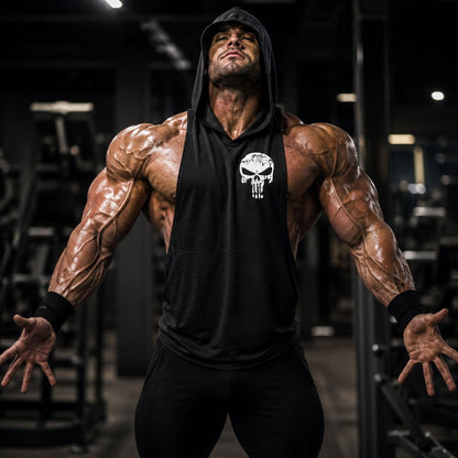 SKULL SIDE LOGO SLEEVELESS HOODIE – Apex Forge Minimal Muscle Tank Hoodie